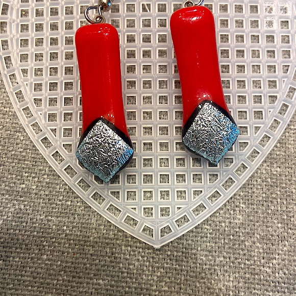 Fused glass by Mac Jewelry - Handmade Striking Red and Silver Dichroic Crackle Glass Geometric Drop Earrings